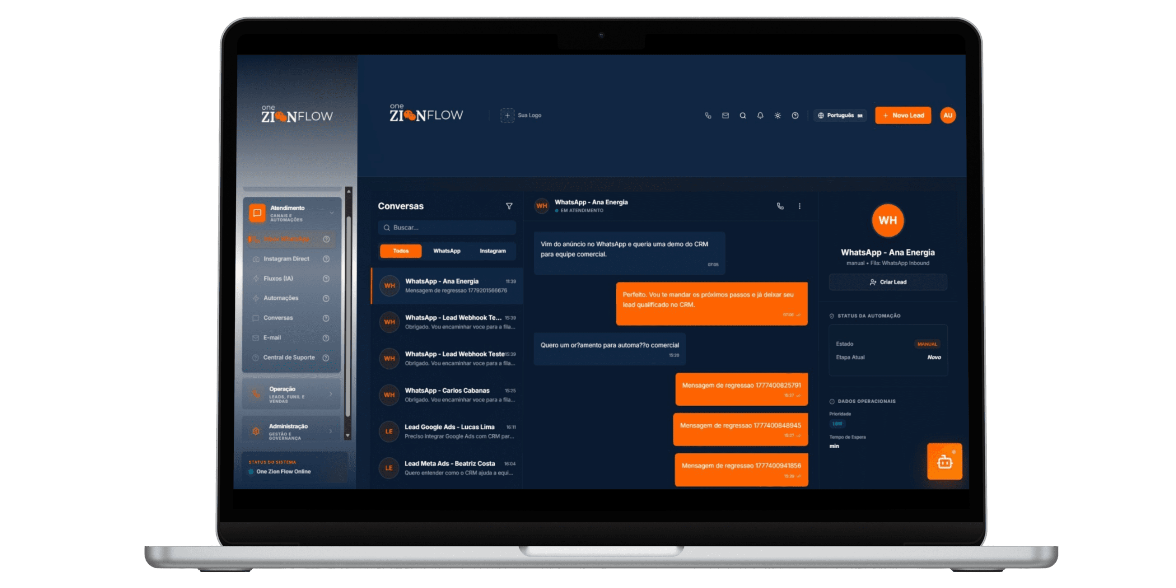 Dashboard do OneZionFlow unificando vendas, finanças e operação em uma tela